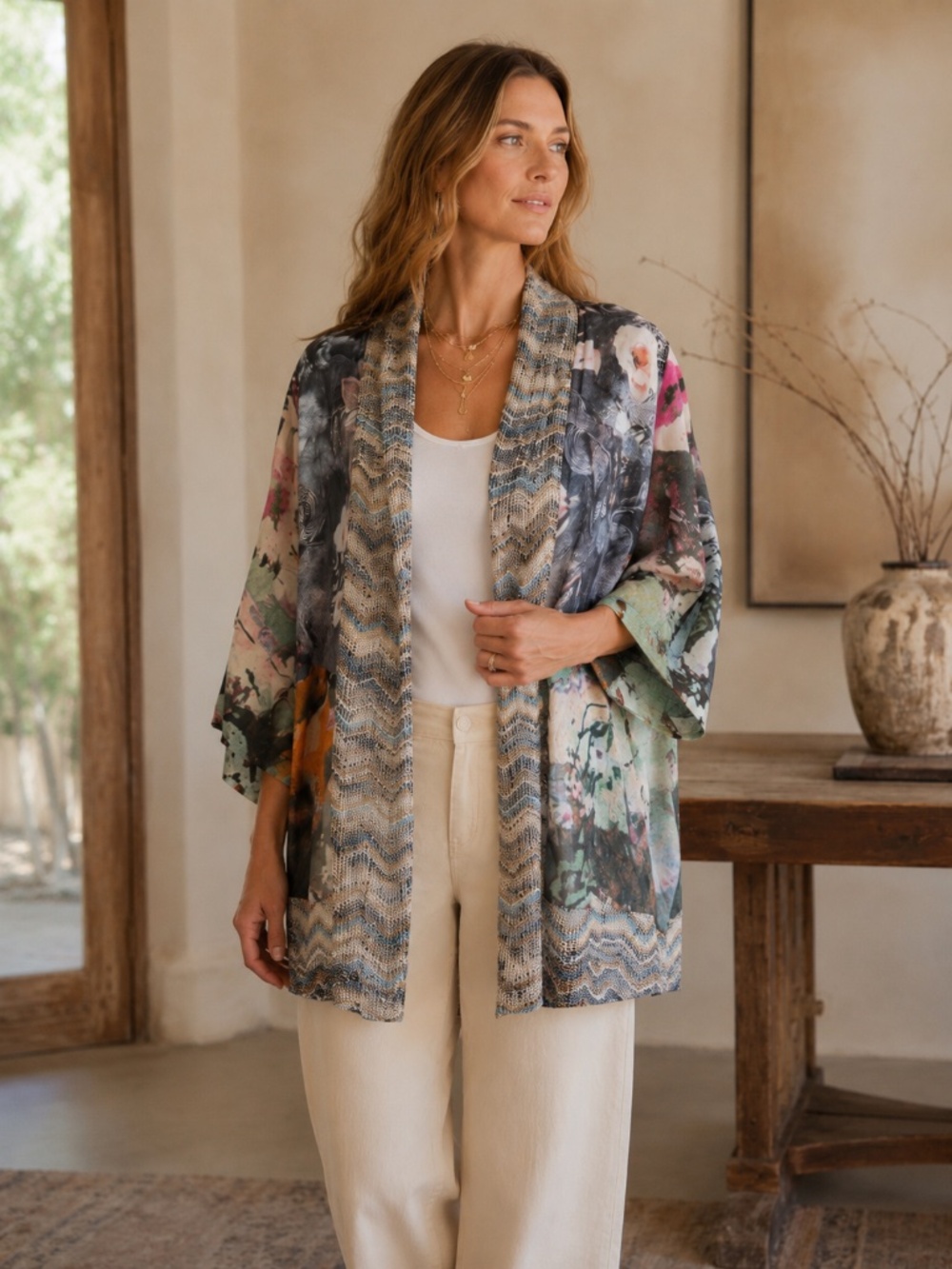 Ali Miles Art to Wear Mixed Media Floral Open Front Kimono Jacket PL
